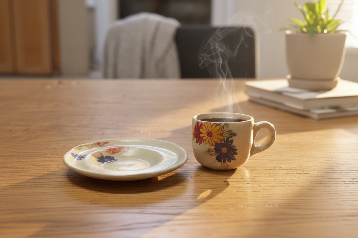 פינג'ן קפה וצלוחית קרמיקה עם פרחים צבעוניים