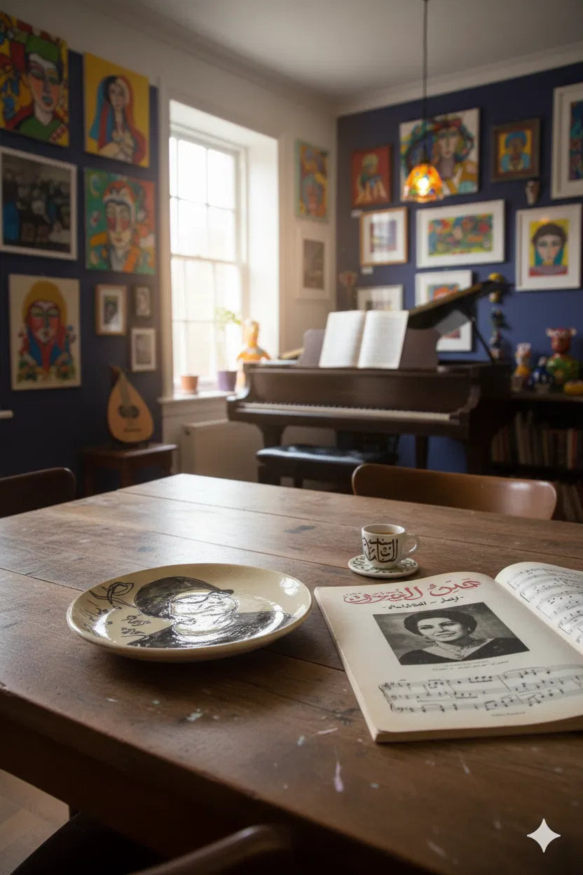 צלחת אום כולתום - יצירת אמנות מפורצלן בעבודת יד