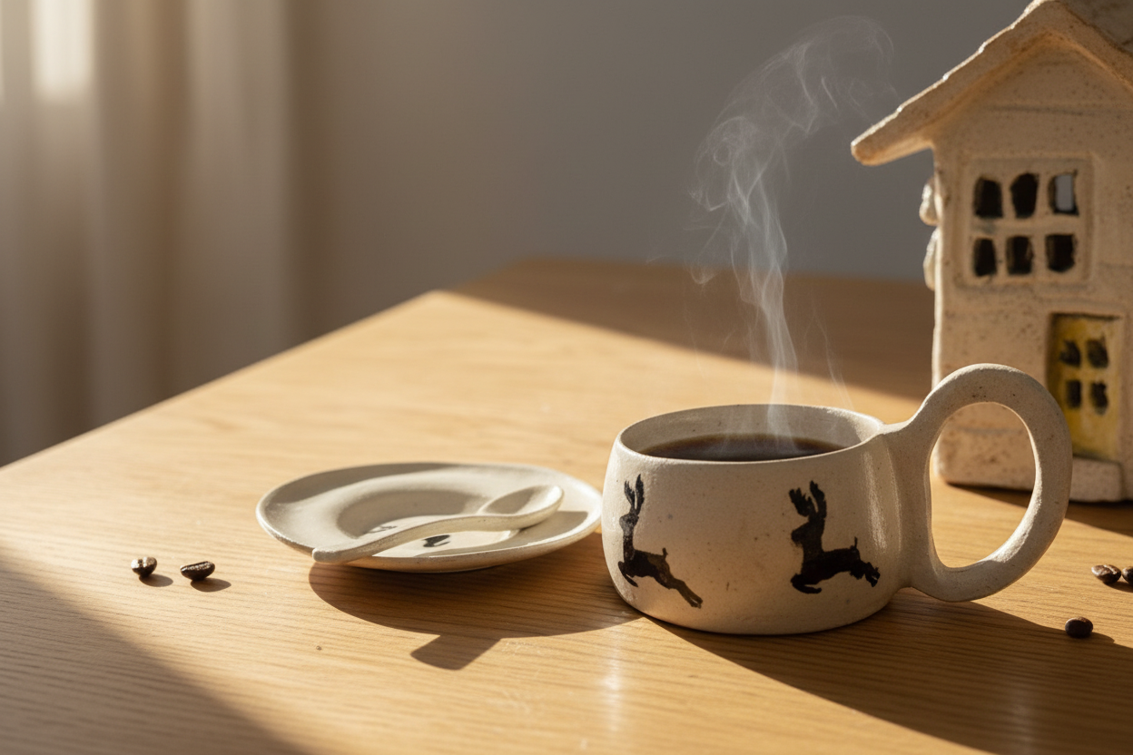 כוס וצלוחית קרמיקה עם ציורי איילים