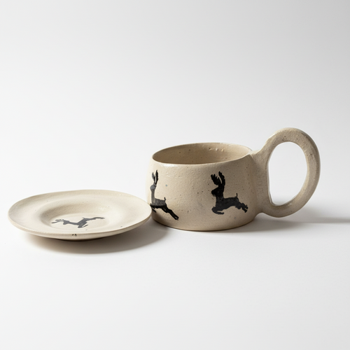 כוס וצלוחית קרמיקה עם ציורי איילים