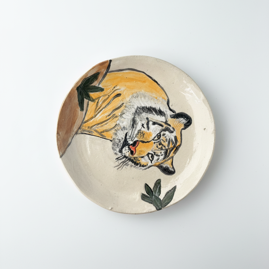 צלחת קרמיקה עם נמר רקע לבן