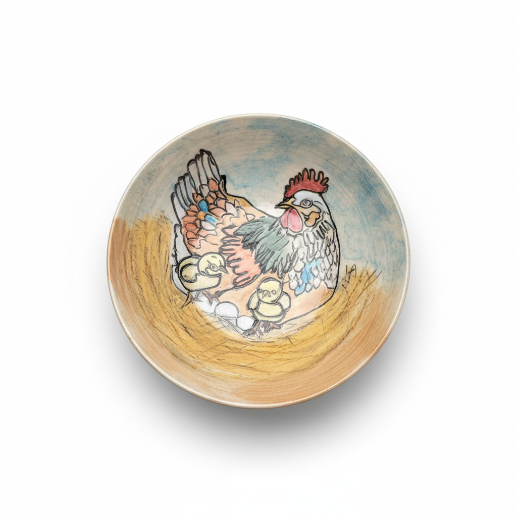 طبق خزفي مع دجاجة وكتاكيت