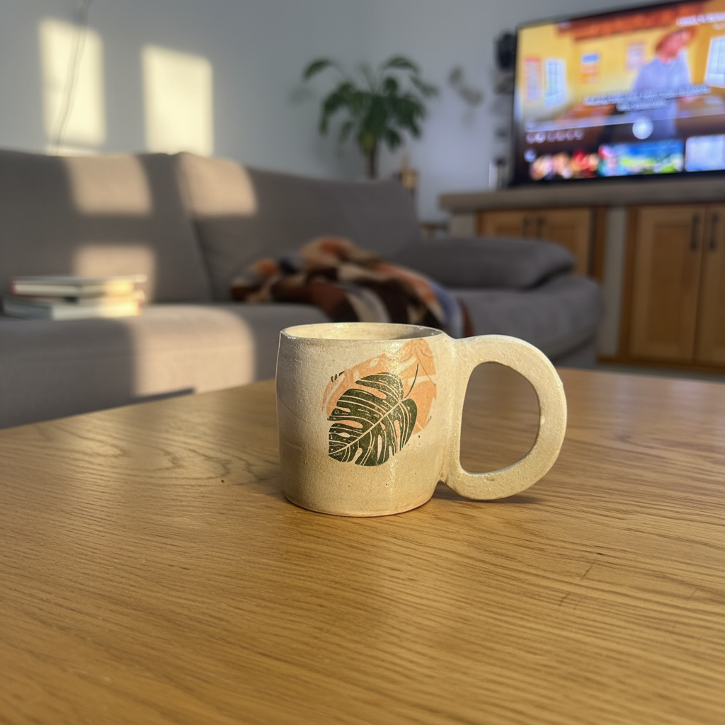 כוס קרמיקה עם עלה טרופי