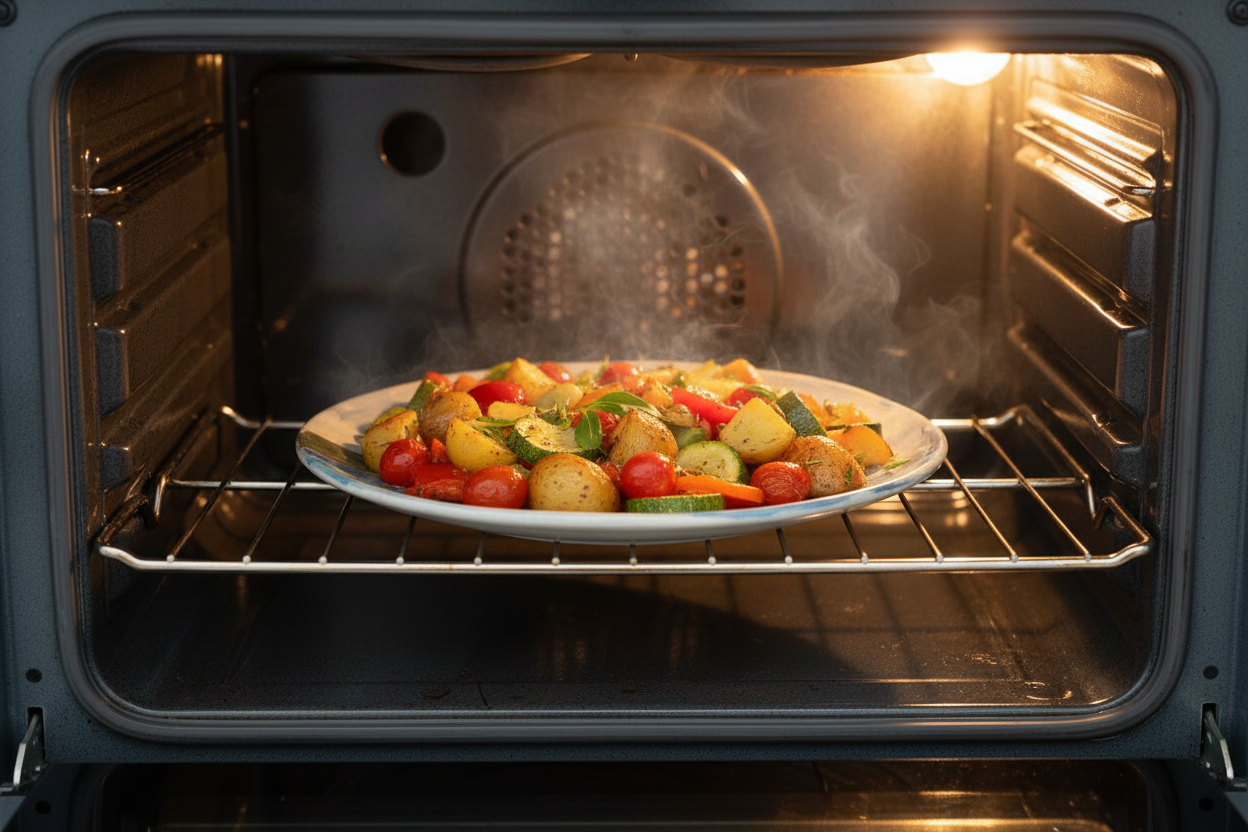 طبق خزفي في الفرن مع طعام