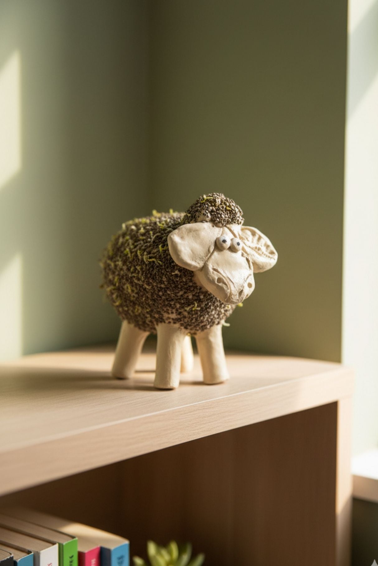 כבשה קרמית בעבודת יד עם צמחייה